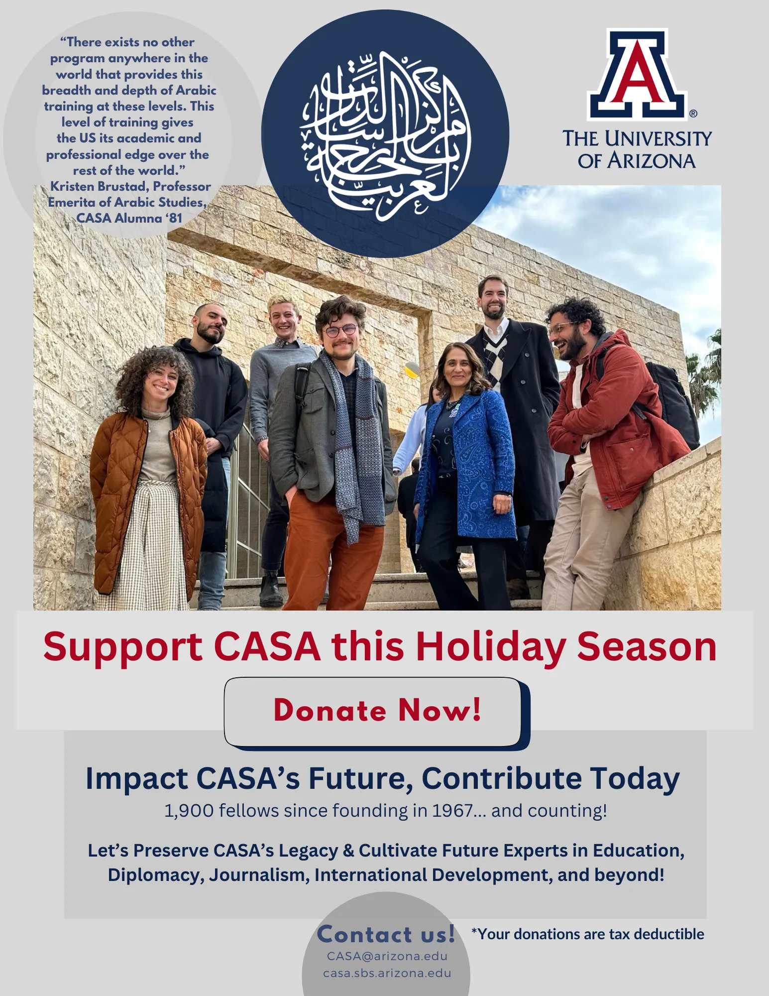 Group of CASA participants with Dr. Shiri. Text says, "Support CASA this Holiday Season - Donate Now!"