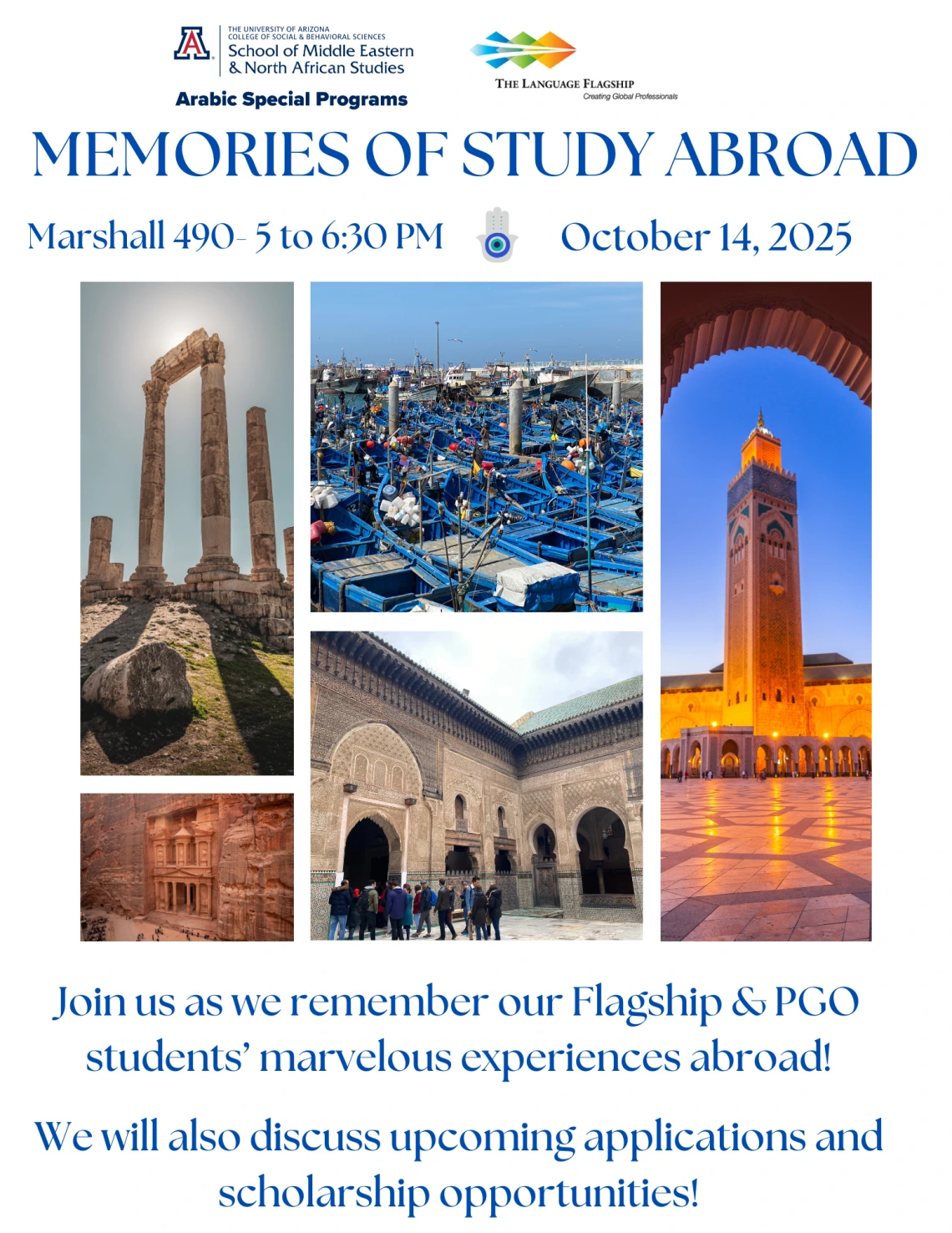 Flyer of Memories of Study Abroad event with photos of Morocco and Jordan