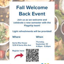 Text saying "Fall Welcome Back Event, RSVP Here! Where: Santa Rita House, 1219 N Santa Rita Ave, When: Wednesday, September 3, 2025 4pm-5:30pm" with Arizona Block A logo for Arabic Special Programs and The Language Flagship logos on the bottom